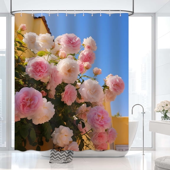 Pink Floral Shower Curtain, Rustic Shower Curtain, Rose Flower Shower Curtain Set Waterproof Bath Curtain Bathroom Decor with 12 Hooks, 72x72 inches (White)