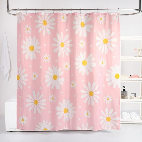 Pink Floral Shower Curtain Set Cute Daisy Girly Bathroom Curtain, Washable Waterproof Fabric Shower Curtains with Hooks, Modern Aesthetic Colorful Flower Shower Curtain 54"W x 78"L (Pack of 1)