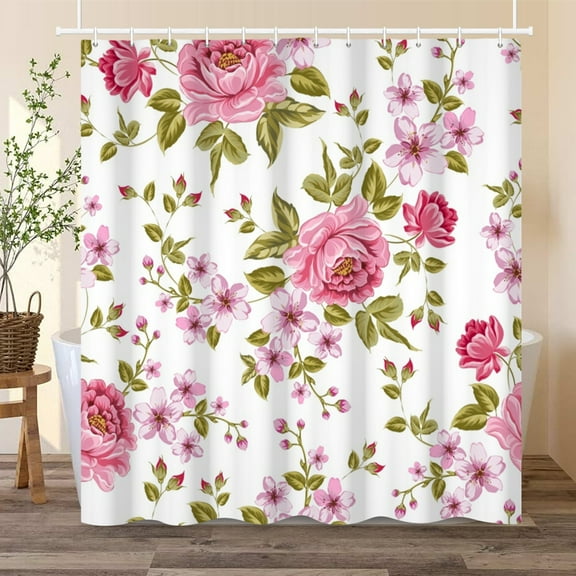 Pink Floral Shower Curtain Spring Flowers Bath Curtain for Bathroom Decor with Hooks 72x72 in