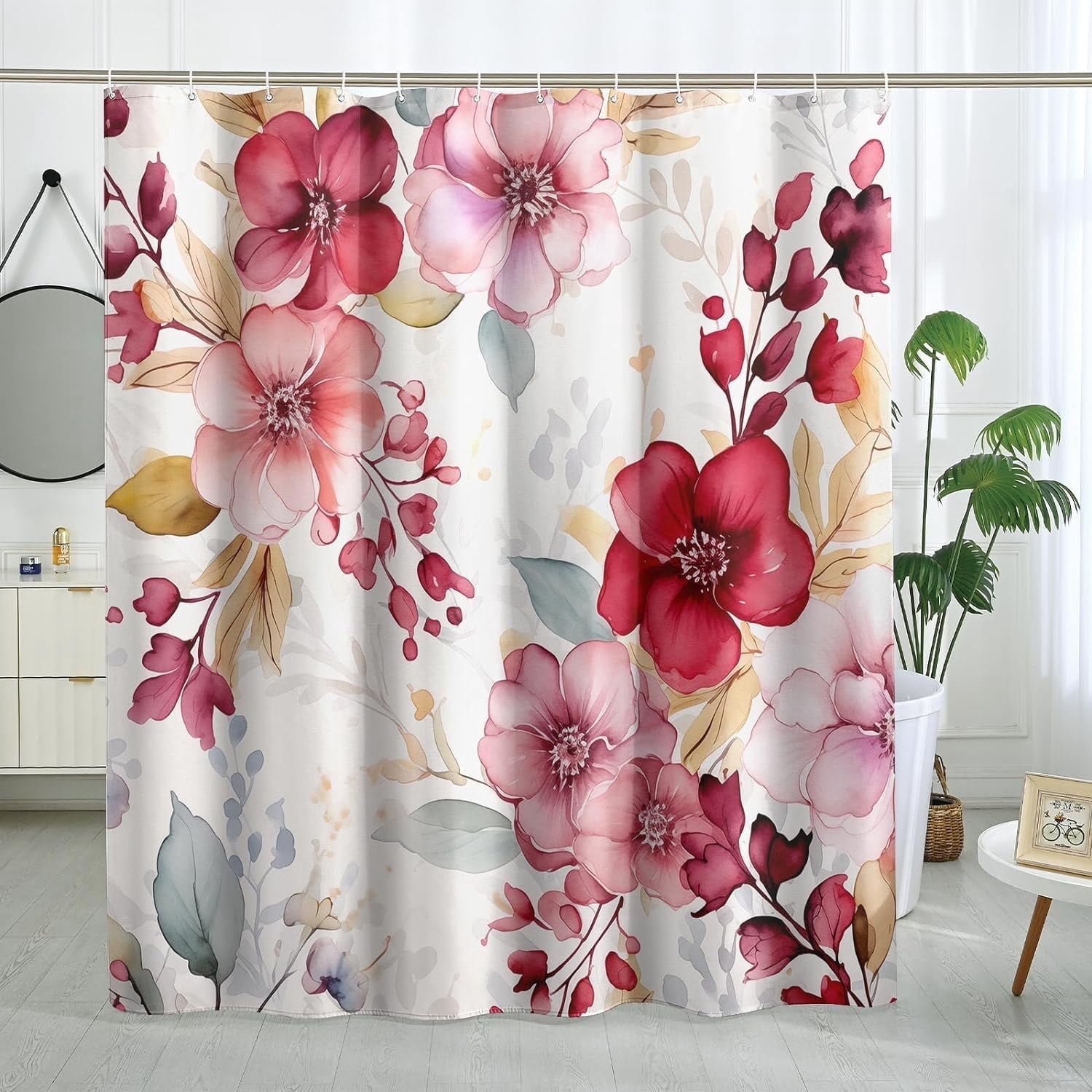 Pink Floral Shower Curtain Spring Watercolor Flower Shower Curtain Plant Bathroom Decor Polyester Fabric-72" x 78"