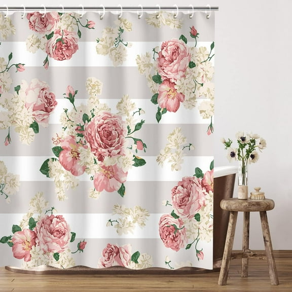 Pink Floral Shower Curtain Striped Grey and White Bath Curtain, Pink and White Shower Curtain Flower Decoration with Hooks, Machine Washable, 72" W x 72" H