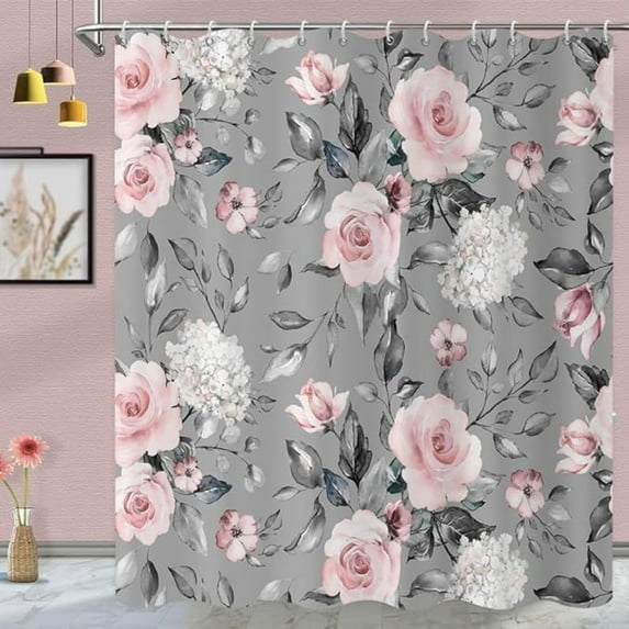 Pink Floral Shower Curtain, Watercolor Pink Blossom Flower With Greyish Leaves Grey Bathroom Curtain Home Decor Waterproof Washable With Hooks 60"W x 72"L