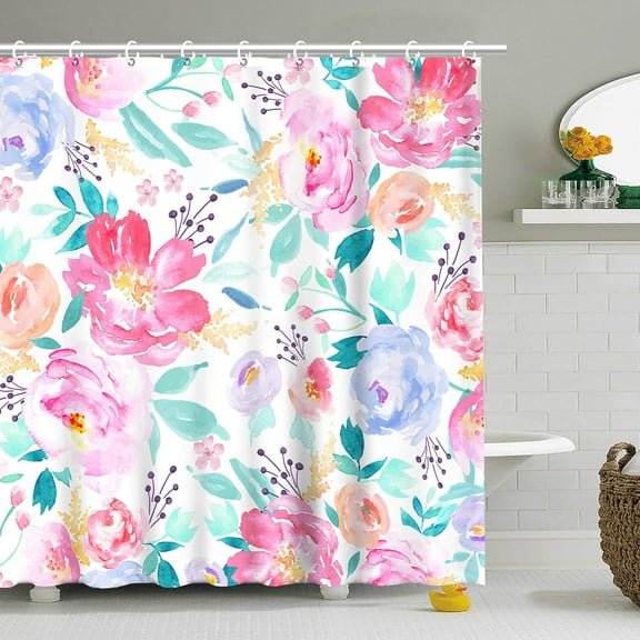 Pink Floral Shower Curtains for Bathroom Flower Shower Curtain Watercolor Girls Shower Curtain Set with Hooks Pretty Colorful Flowered Bathroom Decor, 72" W x 72" H