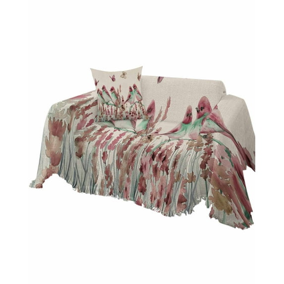 Pink Floral Sofa Couch Covers for Dog,Washable Sectional Couch Slipcoverfor Loveseat with Tassels,Vintage Birds Plant Leaf Botanical Non Slip Sofa Throw Cover Blanket Large 71''x102''