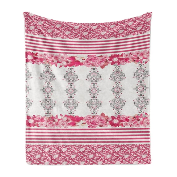 Pink Floral Soft Flannel Fleece Throw Blanket, Vintage Spring Blooms Stripes and Oriental Damask, Cozy Plush for Indoor and Outdoor Use, 70" x 90", Pink Grey and Magenta, by Ambesonne