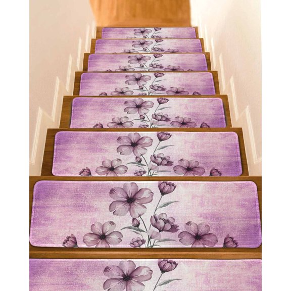 Pink Floral Stair Treads for Wooden Steps Indoor Runner Rug Carpet, Vintage Botanical Gradient Pastel Painting 4 Pieces Peel and Stick Staircase Step Treads Covers Washable Throw Door Mats, 30"x8"