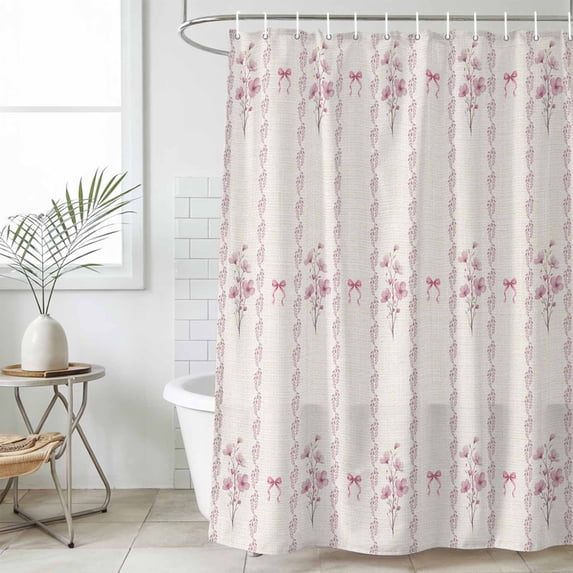 Pink Floral Standard Shower Curtain Set, Waterproof Shower Curtains for Bathroom, Spring Watercolor Flowers Leaf Bows Beige Washable Fabric Cloth Bath Curtain for Bathtub with Hooks 72x72 Inches
