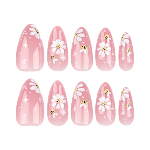 Pink Floral Star Press on Nails Short Almond Fake Nails Full Cover Adhesive Press Ons Glossy Acrylic False Nails Nail Tips DIY Manicure for Women Girls Home Manicure Salon Look False Nail Set 24 Pcs