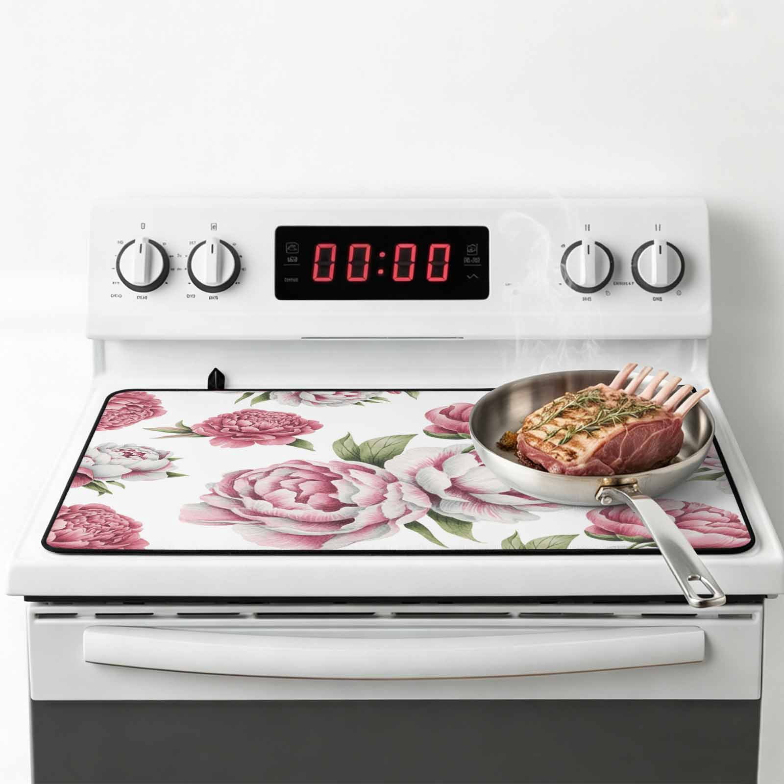 Pink Floral Stove Top Cover for Electric Stove, Heat-proof & Non Slip Glass Top Stove Cover Protector, Spring Summer Modern Flower Leaf Kitchen Flat Cooktop Rubber Mat 24x21 Inches