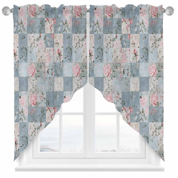 Pink Floral Swag Curtain Valance for Windows, Blue Splicing Window Treatments Short Swag Topper for Kitchen Windows Bathroom Bedroom, 36"x36"