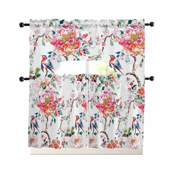 Pink Floral Swag Kitchen Curtains Sets for Windows 24 Inch Length, Vintage Oil Painting Botanical Birds Short Window Curtain Panels Swags Valances and Tiers 3 Piece Set for Cafe/Dining Room