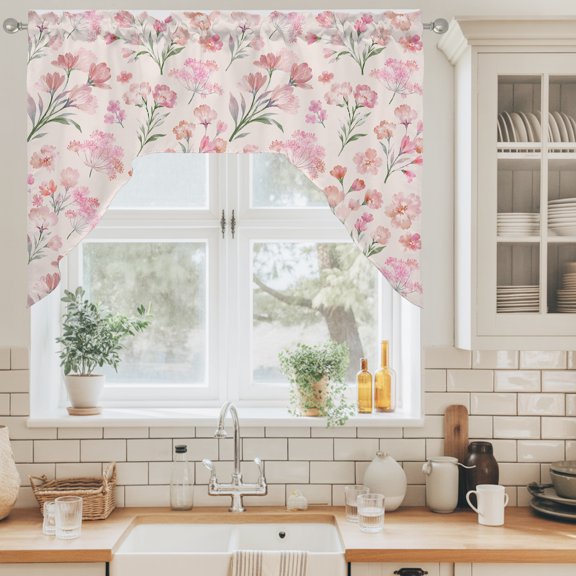 Pink Floral Swag Valance for Windows, Spring Romantic Flower Pale Pink Backdrop French Country Swag Curtains Valances for Small Window Treatment Rod Pocket for Kitchen Bathroom 1 Panel 56x36in