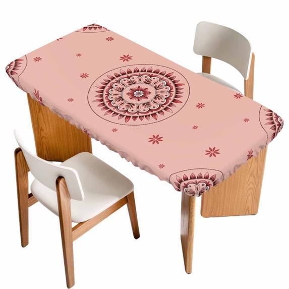 Pink Floral Table Cloths for 3 Foot Rectangle Tables, Circular Flowers Ethnic Abstract Aesthetic Patio Waterproof Elastic Fitted Tablecloths, Washable Rectangular Table Cover for Camping