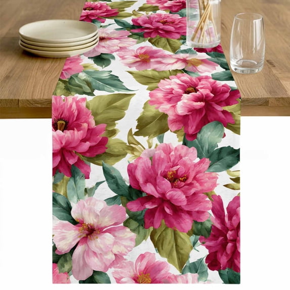 Pink Floral Table Runner - 48 Inch Long Watercolor Flowers Leaves Plants Watercolor Cotton and Linen Blended Dress Scarves Farmhouse Table Runner for Kitchen Dining, Coffee Table, 13" x 48"