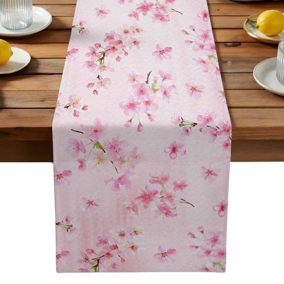 Pink Floral Table Runner, Spring Pink Cherry Blossom Flowers Branches Gradient Pink Washable Kitchen Table Runners Dress Scarves for Dining Table Decorations Party, 13x120in