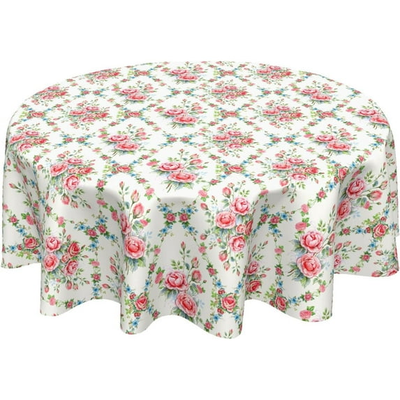 Pink Floral Tablecloth Round 60 Inch Spring Summer Vintage Rose Flower Table Cloth Washable Valentine Table Cover for Kitchen Dining Holiday Party Picnic Indoor Outdoor Home Decor