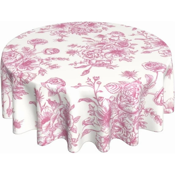 Pink Floral Tablecloth Round 70 x 70 Inch Chinoiserie Flowers Table Cloth Polyester Fabric Vintage Spring Summer Farmhouse Table Cover for Kitchen Party Dining Picnic Outdoor Decor