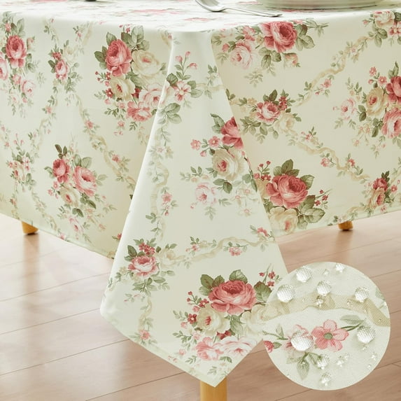 Pink Floral Tablecloth Shabby Chic Flower Round Table Cloth Spring Vintage Floral Table Cover Waterproof for Dinner Kitchen Picnic, Pink, 60 x 102 Inches