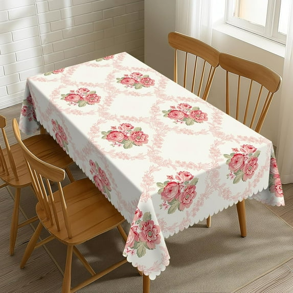 Pink Floral Tablecloth Vintage Flower Table Cloth Aesthetic Floral Rectangle Tablecloth 60×84 Inch Farmhouse Washable Table Cover for Kitchen Dining Room Party Decoration