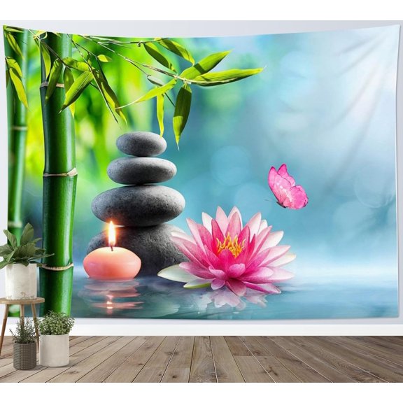 Pink Floral Tapestry Wall Hanging with Water Lily Butterfly and Green Bamboo, Modern Yoga Spa Wall Art for Bedroom Living Room Dorm, 60 x 40 Inches