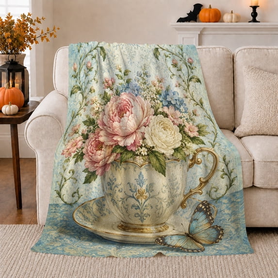 Pink Floral Teacup with Heart Charm and Butterfly, Romantic Cottagecore Motif for Tea Lovers, Mother's Day Gift, Soft Flannel Blanket for Sunroom and Reading Nook, Elegant Home Decor