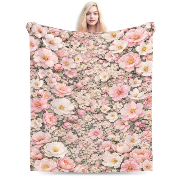 Pink Floral Throw Blanket, Soft Flannel Fleece Blanket with Elegant Garden Flower Pattern, Cozy Decorative Blanket for Sofa Couch Bed 50x40