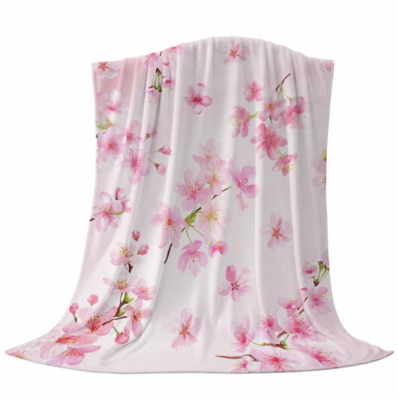 Pink Floral Throw Flannel Blanket Spring Pink Cherry Blossom Flowers Branches Gradient Pink Super Soft Cozy Bed Blanket, Lightweight Plush Fuzzy Bed Throw for Bedroom Sofa Couch Living Room 30x40In,