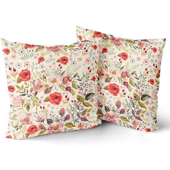Pink Floral Throw Pillow Covers - Shabby Chic Flowers Roses Leaves Buds Decorative Pillowcases Square Spring Season Accent Couch Cushion Cover for Sofa Bedroom Living Room