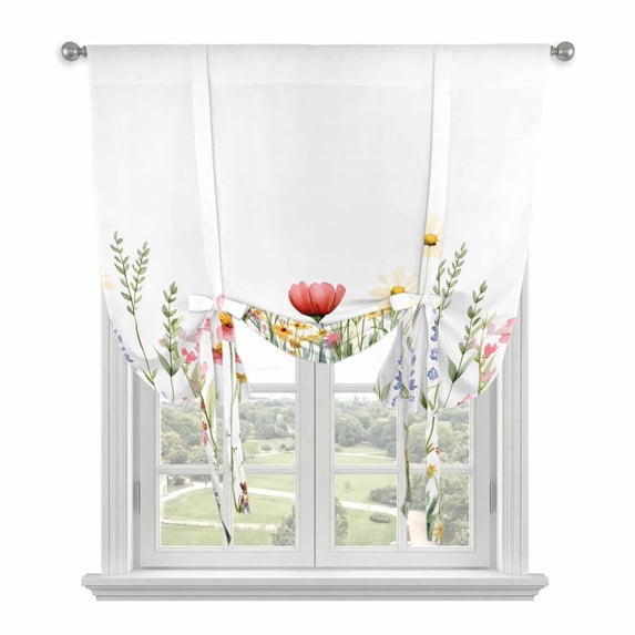 Pink Floral Tie Up Curtain 63 Inches Long, Rustic Wildflower Leaves Spring Blossom Balloon Style Kitchen Window Curtain Over Sink, Small Window Rod Pocket Curtain 52"x63"