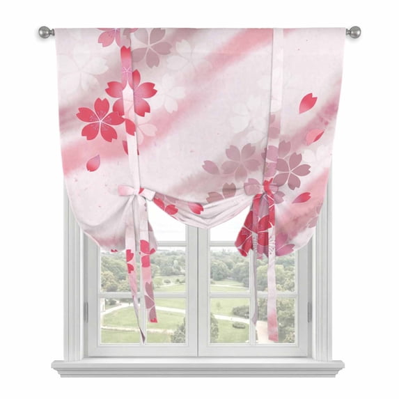 Pink Floral Tie Up Curtains for Kitchen Windows,Adjustable Rod Pocket Valance 63 Inch Long, Modern Abstract Art Flowers Aesthetic Window Treatment Balloon Roman Blind Shade, 52" x 63"