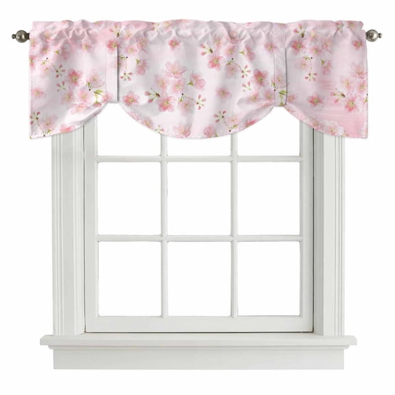 Pink Floral Tie Up Valance Curtains for Windows, Kitchen Curtains Window Treatments, Modern Farmhouse Aesthetic Shabby Chic Flower Short Window Shades Valances for Bedroom Bathroom Cafe 54"x18"