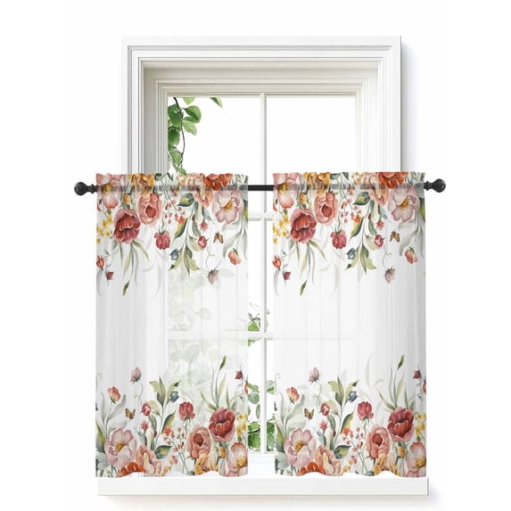 Pink Floral Tier Curtains 45 Inch Length,Sheer Curtains for Bedroom Living Room Window Spring Pastoral Botanical Wildflowers Leaves Small Half Window Kitchen Curtains & Drapes 27.5"x45" 2 Panels