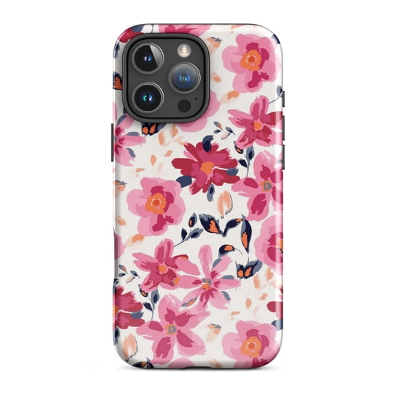 Pink Floral Tough Case for Apple iPhone, Dual Layer Protective Cover
