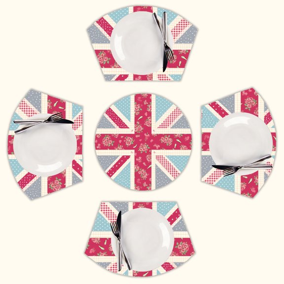 Pink Floral Union Jack Pattern Round Table Placemats Set Of 5 Wedge Table Mats Washable Heat Resistant Place Mat For Dining Table Kitchen Farmhouse Restaurant