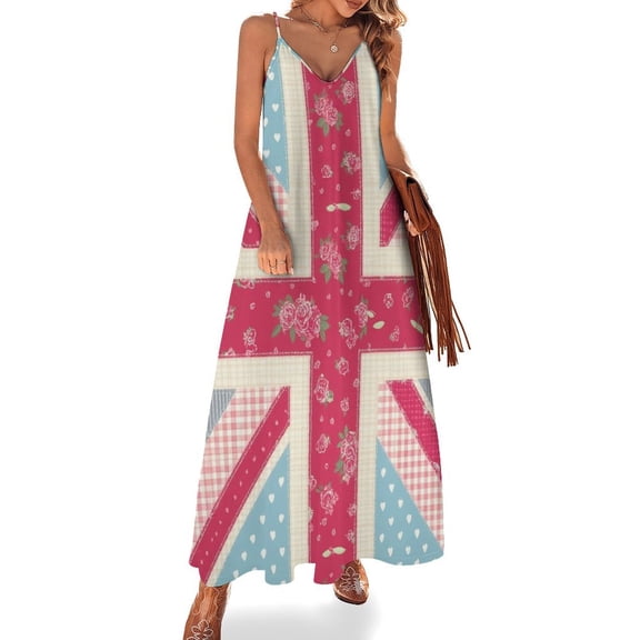 Pink Floral Union Jack Pattern Sleeveless Dress Women's Evening Dress Womans Clothing