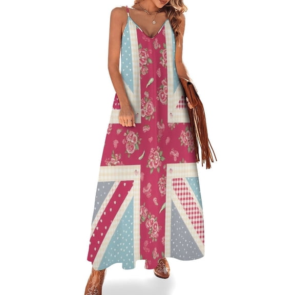 Pink Floral Union Jack Pattern Sleeveless Dress Women's Evening Dress Womans Clothing