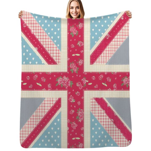 Pink Floral Union Jack Pattern Soft Blanket Travel Bedding Throws Flannel Bedspread Sofa Bed Cover