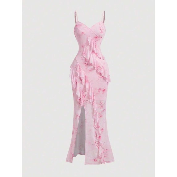 Pink Floral V-Neck Ruffle Trim High Slit Slip Maxi Dress For Garden Party Vacation Formal Occasion