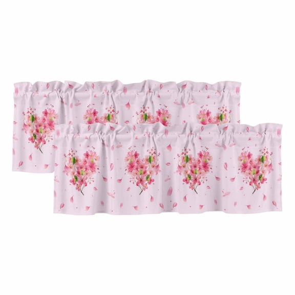 Pink Floral Valentines Valances for Windows, Decorative Rod Pocket Window Valance Curtains, Spring Flowers Leaves Botanical Short Curtain Drapes for Kitchen/Living Room, 2 Panels, 42" W x 12" L