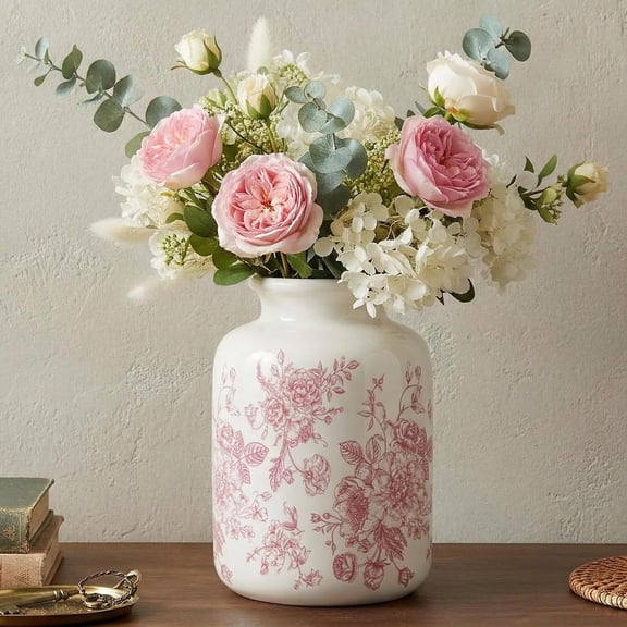 Pink Floral Vase 7.8 Inch Retro Rustic Chinoiserie Floral Vase Ice Cracked Ceramic Large Holder for Home Decor Bookshelf Office Living Room Chinoiserie Decors