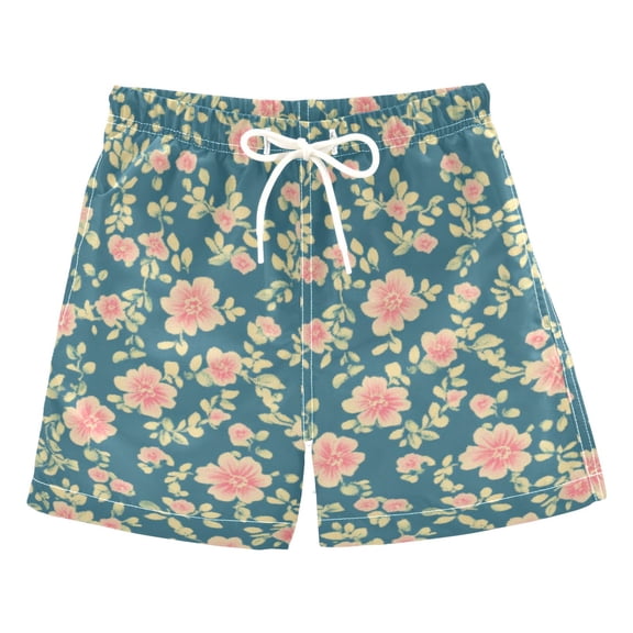 Pink Floral Vintage Boys Swim Trunks Quick Dry Boy Swim Shorts for 3-14 Years
