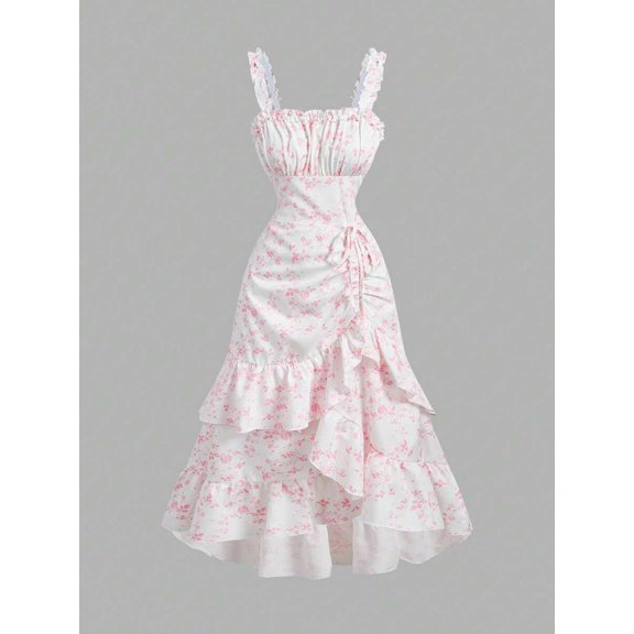 Pink Floral Vintage Ruffle Wrap Midi Dress With Adjustable Straps And Side Tie Waist