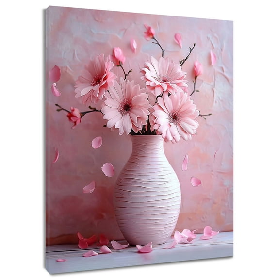 Pink Floral Wall Art, Elegant Pink Flower in Delicate Vase Canvas Wall Art, Modern Simple Framed Wall Art for Living Room Bathroom Bedroom Kitchen Ready to Hang, 12X12 Inches
