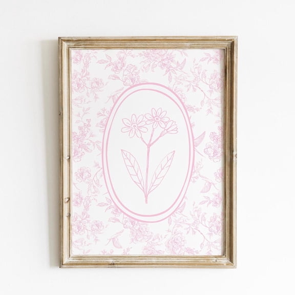 Pink Floral Wall Art Toile Flower Vintage Botanical Pastel Nursery Unframed Paper Print