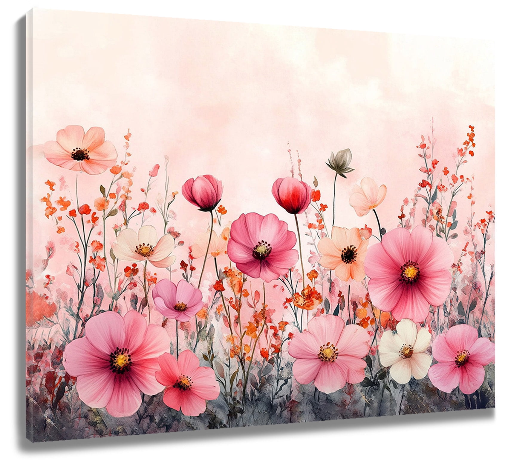 Pink Floral Wall Art Watercolor Wildflower with Grey Canvas Wall Art ...