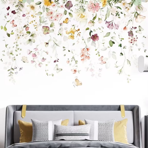 Pink Floral Wall Decals Butterfly Wall Stickers Peel and Stick Autumn Floral Wall Art Decor for Living Room Bedroom Office TV Sofa Backdrop Home Decor Gifts for Mom