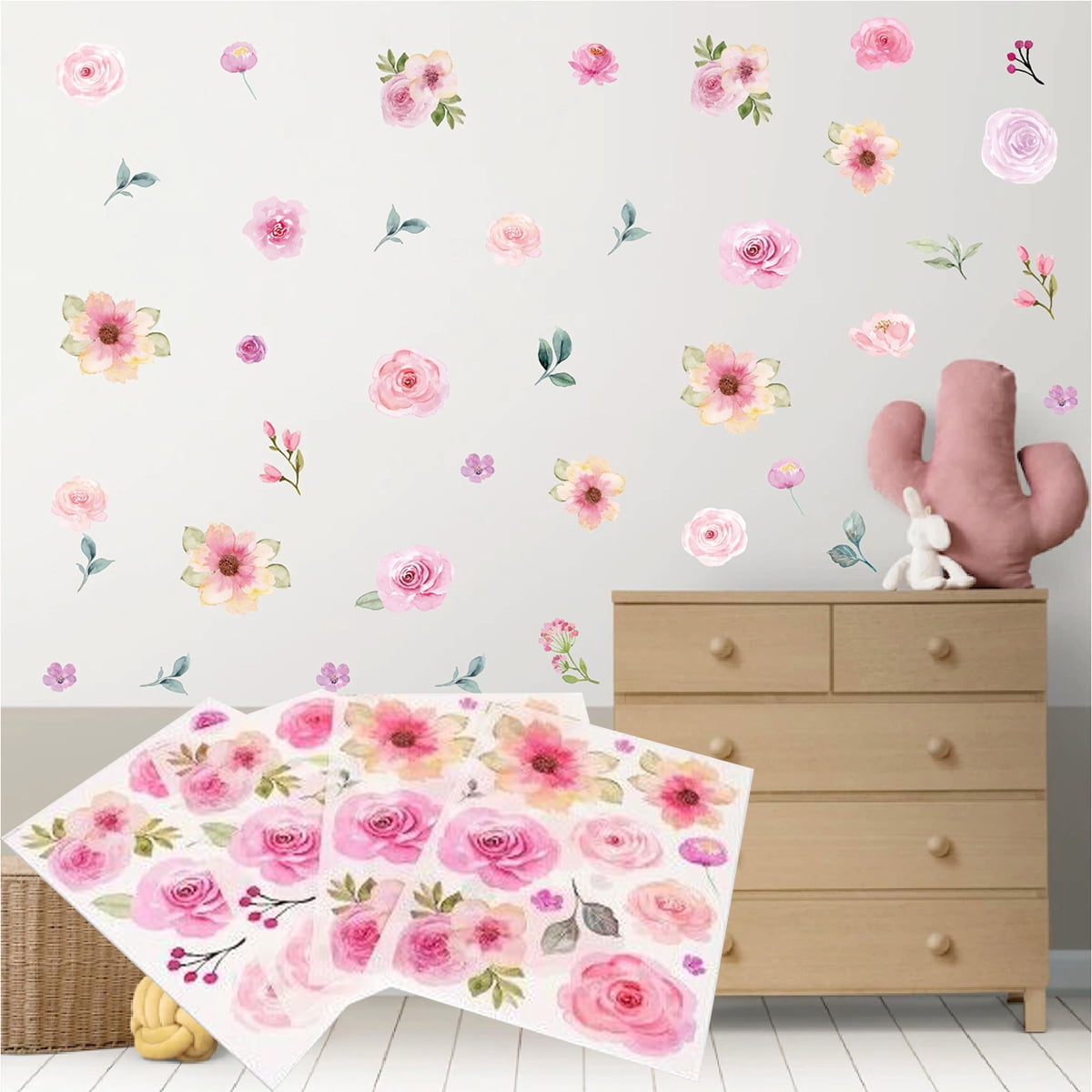 Pink Floral Wall Stickers, Rose and Flower Decals, Watercolor Style ...
