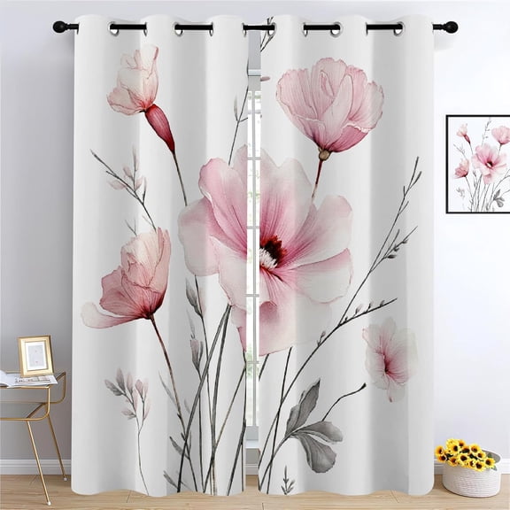 Pink Floral Watercolor Curtains For Living Room Bedroom Blackout Thermal Insulated Window Drapes For Home Decor For Women Families Boho Chic Style Grommet Curtains-42"W x 72"L (Pack of 2)