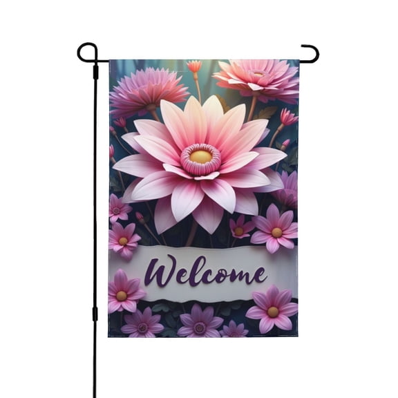 Pink Floral Welcome Garden Flag 12x18 Inch Double Sided – Spring Summer Daisies Outdoor Yard Decoration For Porch, Lawn & Patio