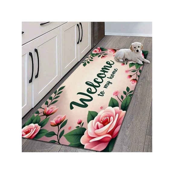 Pink Floral Welcome Mat With Welcome To My Home Text, Non-Slip Rubber Backing, 45x120cm